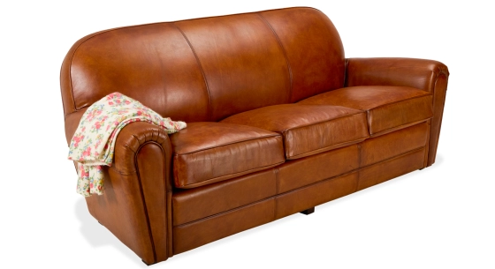 Canapé club cuir 3 places marron clair accoudoirs passepoil