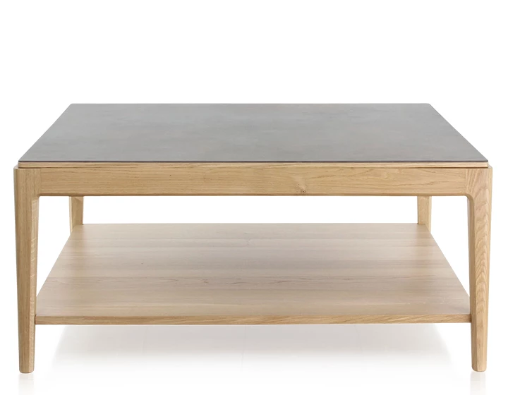 Table basse carrée en chêne et céramique avec tablette en bois teinte naturelle plateau céramique brun oxydé 100x100 cm