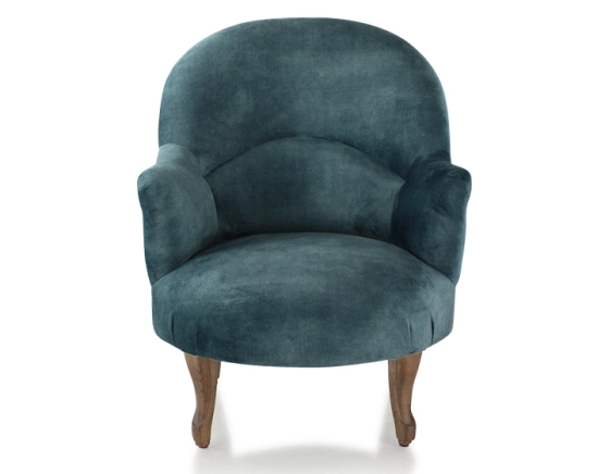 Fauteuil crapaud avec accoudoirs pieds bois teinte noyer et tissu velours bleu pétrole