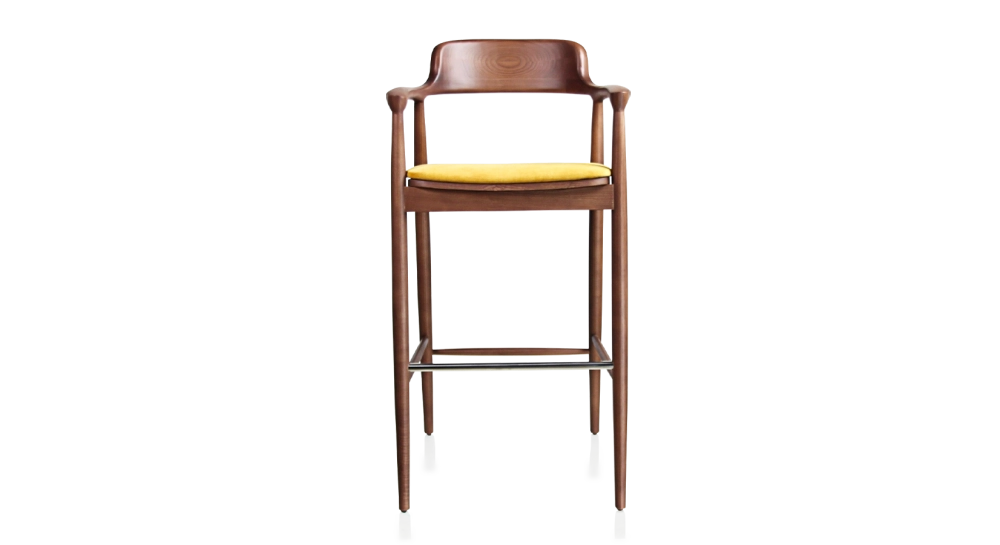 Tabouret de bar h80 cm bois teinte noyer assise tissu jaune
