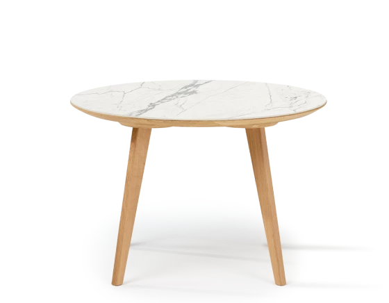 Table basse ronde F1 en chêne et céramique bois teinte naturelle plateau céramique effet marbre blanc M1 60x60x30 cm