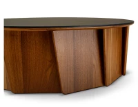 Table basse ronde en noyer et céramique avec bois teinte naturelle plateau céramique effet ardoise 80 cm