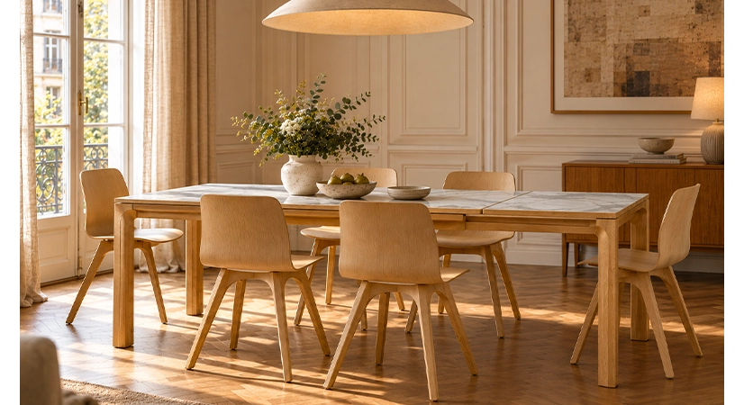 Table extensible 6 à 8 personnes en chêne et céramique allonges céramique avec bois teinte naturelle et plateau et allonge céramique effet marbre blanc 140x90 cm