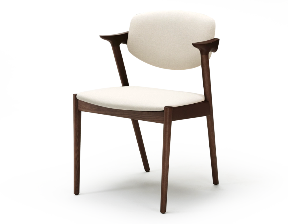 Scandinavian chair dark brown stained wood with off-white fabric seat. Scandinavian chair dark brown stained wood with off-white fabric seat.