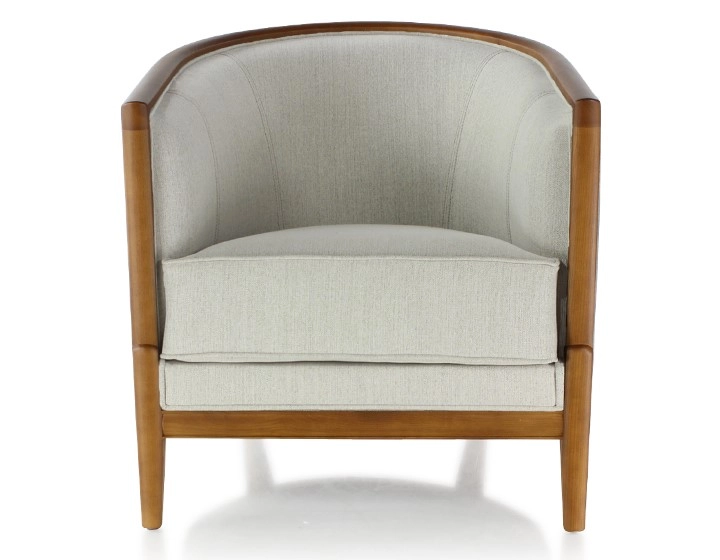 Fauteuil ancien bois teinte merisier et tissu beige naturel Fauteuil ancien bois teinte merisier et tissu beige naturel