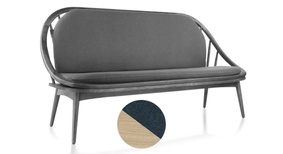 2 seater Scandinavian sofa natural stained wood and ocean blue fabric