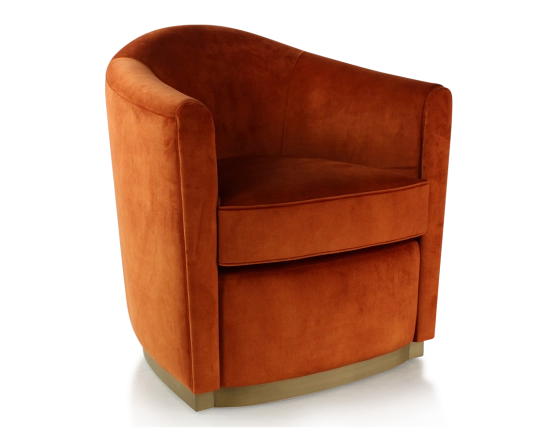 Fauteuil club tissu tissu velours terracotta socle bois effet laiton