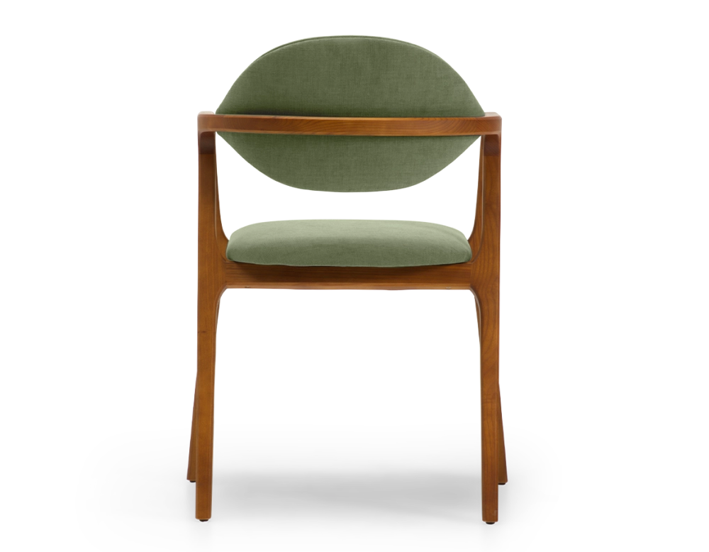 Designer armchair cherry wood stain and green fabric Designer armchair cherry wood stain and green fabric
