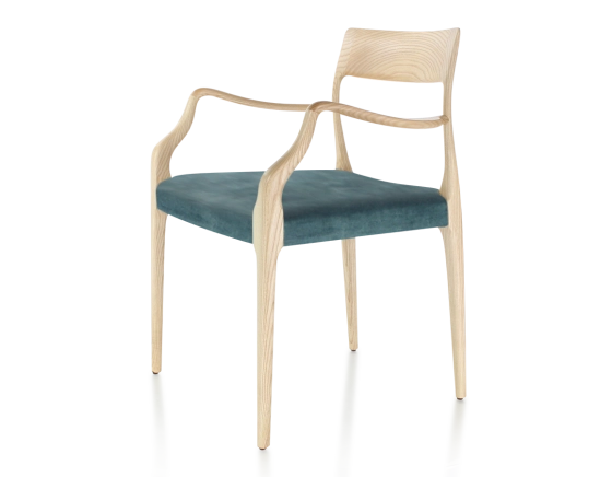 Scandinavian armchair with armrests natural stained wood, petrol blue velvet seat
