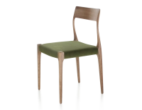 Chaise scandinave bois teinte noyer assise tissu vert olive