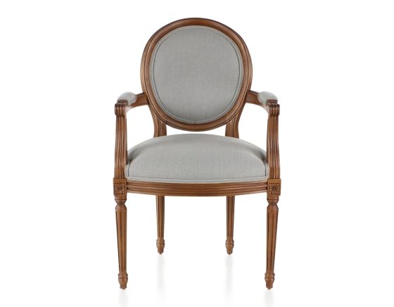 Chaise ancienne style Louis XVI avec accoudoirs bois teinte ancienne et tissu gris clair