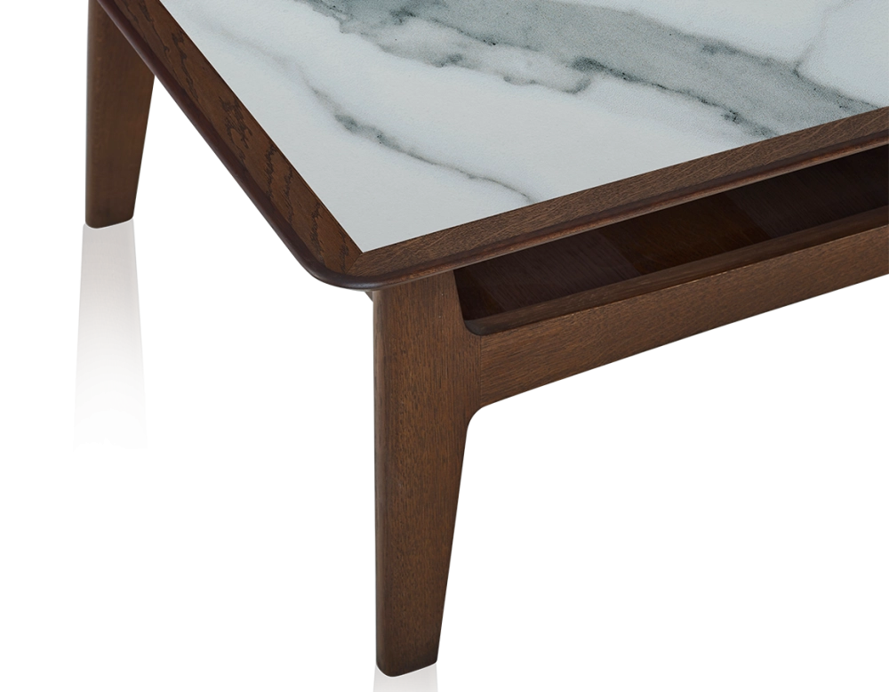 Square coffee table in oak and ceramic with dark brown stained wood white marble effect ceramic top 100x100 cm Square coffee table in oak and ceramic with dark brown stained wood white marble effect ceramic top 100x100 cm