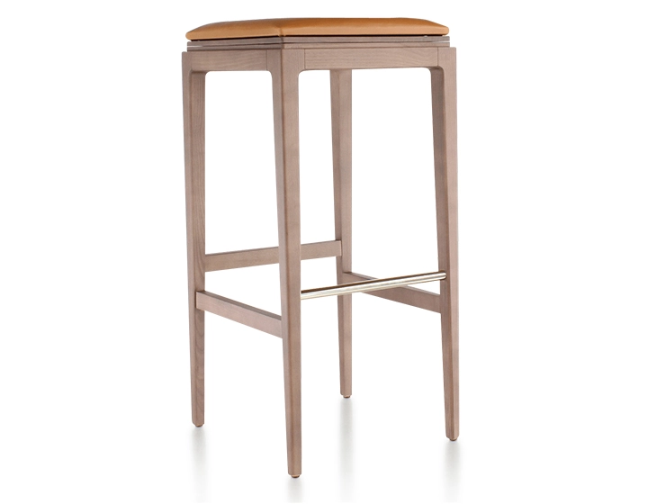 H80 cm designer bar stool walnut-stained wood, caramel leather seat H80 cm designer bar stool walnut-stained wood, caramel leather seat