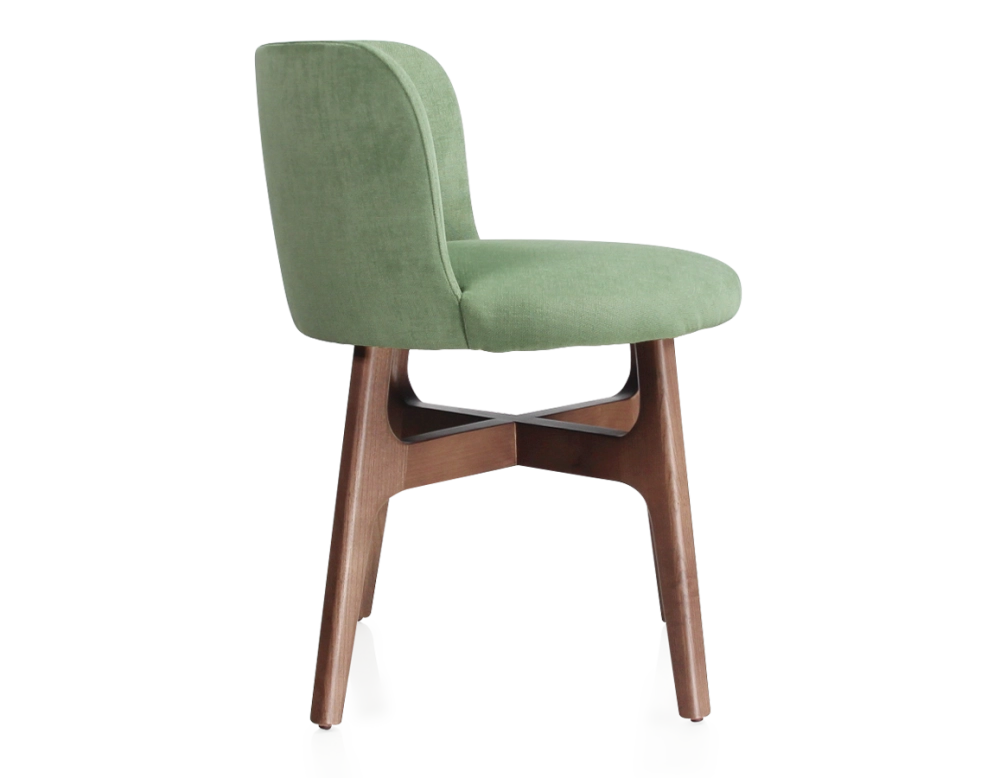 Chaise design bois teinte noyer assise tissu vert Chaise design bois teinte noyer assise tissu vert