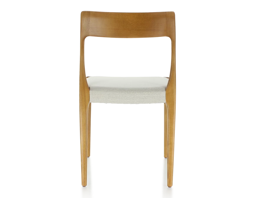 Chaise scandivave bois teinte merisier assise tissu beige naturel