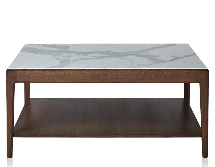 Table basse carrée en chêne et céramique avec tablette en bois teinte marron foncé plateau céramique effet marbre blanc 100x100 cm
