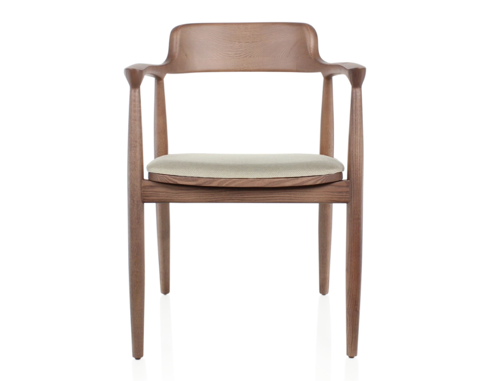 Chaise scandinave bois teinte noyer assise tissu chevron beige Chaise scandinave bois teinte noyer assise tissu chevron beige