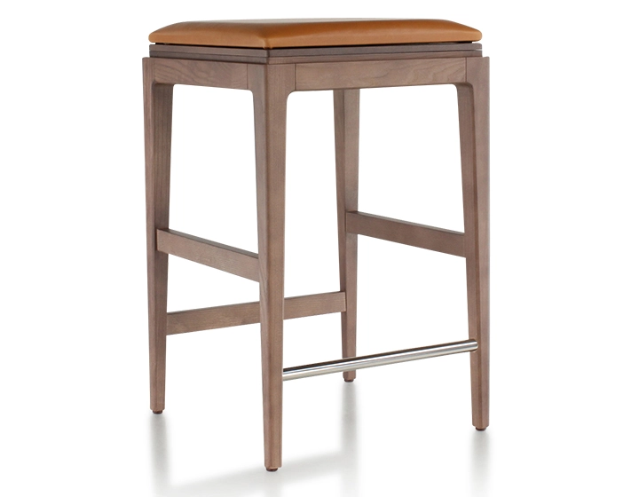 Tabouret de bar design H60 cm bois teinte noyer assise cuir caramel Tabouret de bar design H60 cm bois teinte noyer assise cuir caramel
