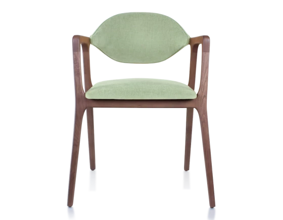 Chaise design avec accoudoirs bois teinte noyer et tissu vert
