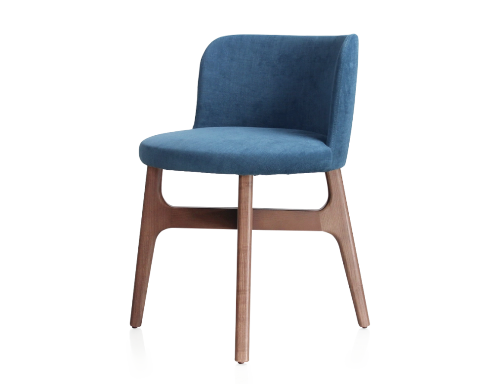 Designer chair walnut-stained wood, denim-blue fabric seat Designer chair walnut-stained wood, denim-blue fabric seat