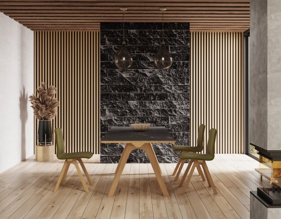 Upholstered oak designer chair natural wood stain, green boucle fabric seat