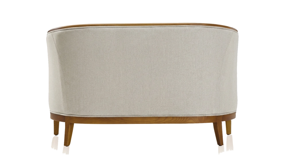 Canapé vintage 2 places bois teinte merisier et tissu beige naturel