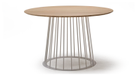 Table salle à manger ronde en chêne et métal pied métal blanc et plateau bois teinte naturelle 120x120 Table salle à manger ronde en chêne et métal pied métal blanc et plateau bois teinte naturelle 120x120