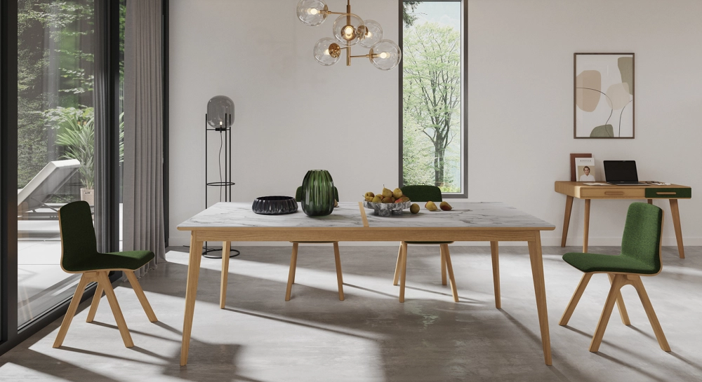Table salle à manger en chêne et céramique 8 personnes avec bois teinte naturelle et plateau céramique effet marbre blanc 180x90 cm Table salle à manger en chêne et céramique 8 personnes avec bois teinte naturelle et plateau céramique effet marbre blanc 180x90 cm