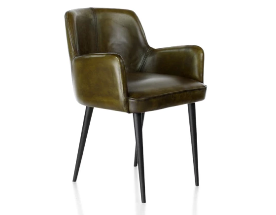 Chaise vintage avec accoudoirs cuir vert olive - pieds noirs