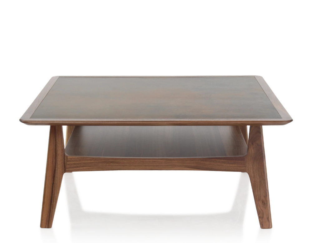 Table basse carré en noyer et céramique bois teinte naturelle plateau céramique brun oxydé 100x100 cm Table basse carré en noyer et céramique bois teinte naturelle plateau céramique brun oxydé 100x100 cm