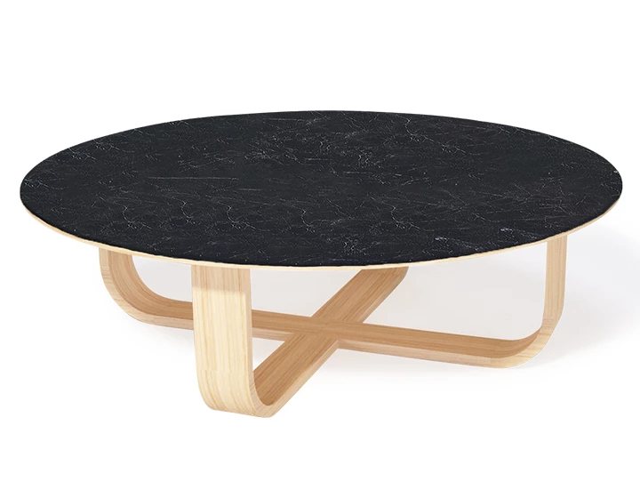 Table basse ronde en chêne et céramique avec bois teinte naturelle plateau céramique effet ardoise 100 cm