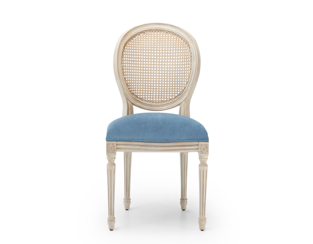 Louis XVI style antique chair wood with white cerused finish, caned backrest, and blue denim seat. Louis XVI style antique chair wood with white cerused finish, caned backrest, and blue denim seat.