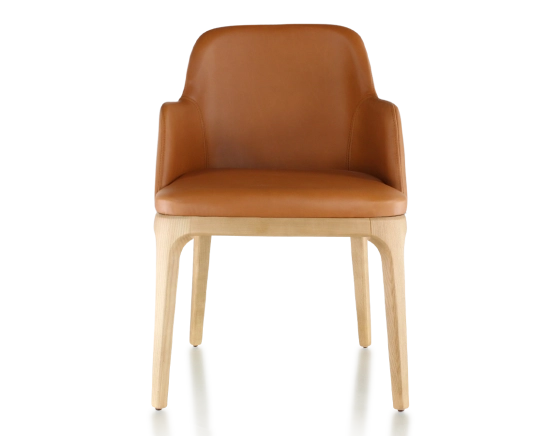 Designer chair with armrests natural stained wood and caramel leather