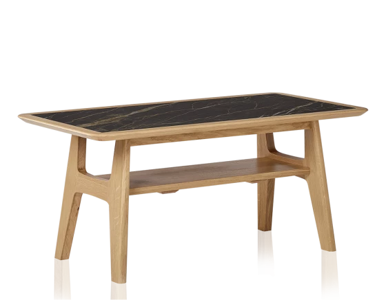 Table basse rectangulaire en chêne naturel dessus céramique effet marbre noir 100x50 cm