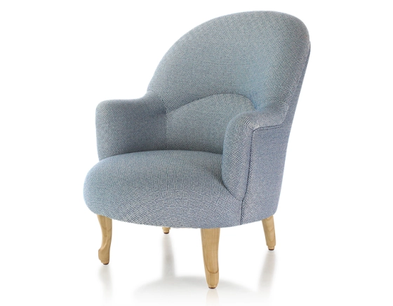 Toad armchair with armrests natural wood stain feet and blue chevron fabric