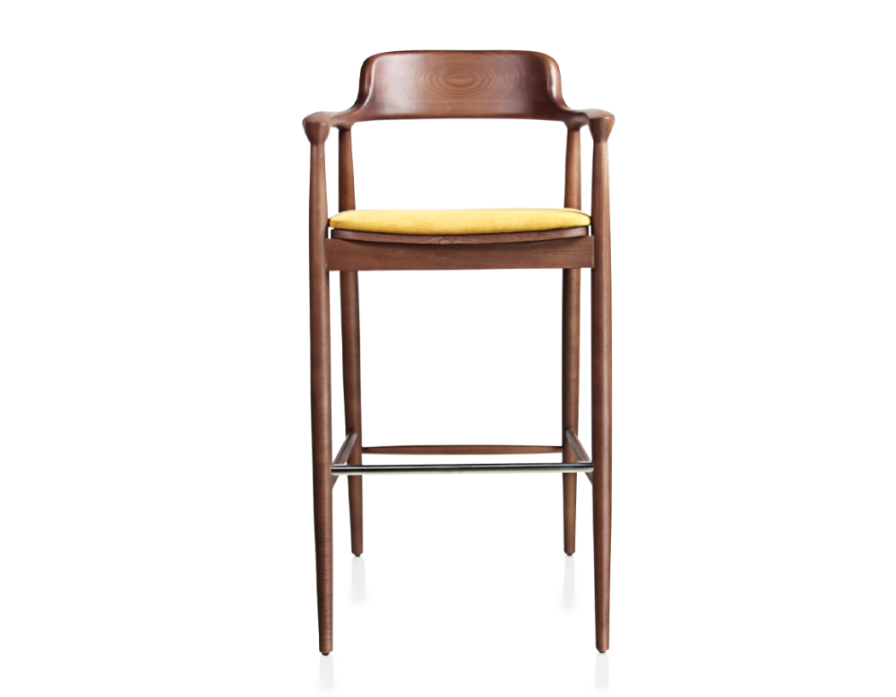 Bar stool h80 cm walnut-stained wood, yellow fabric seat Bar stool h80 cm walnut-stained wood, yellow fabric seat