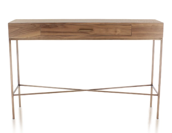 Console design natural tint walnut and brass patina metal 100 cm
