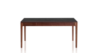Table extensible en noyer et céramique allonges céramique avec bois teinte naturelle et plateau et allonges céramique effet marbre noir 140x90 cm