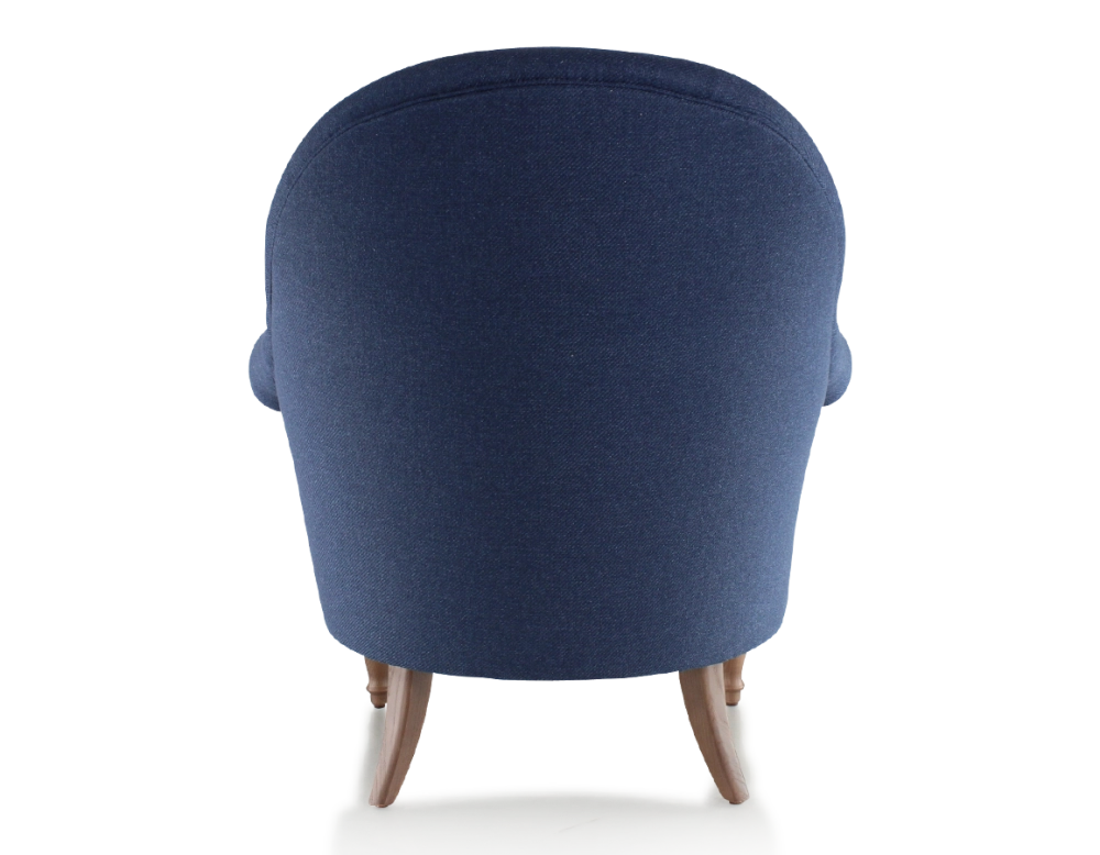 Fauteuil crapaud avec accoudoirs pieds bois teinte noyer et tissu bleu marine moyen dossier Fauteuil crapaud avec accoudoirs pieds bois teinte noyer et tissu bleu marine moyen dossier