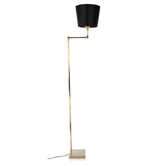 Gold articulated living room floor lamp with black lampshade and gold interior