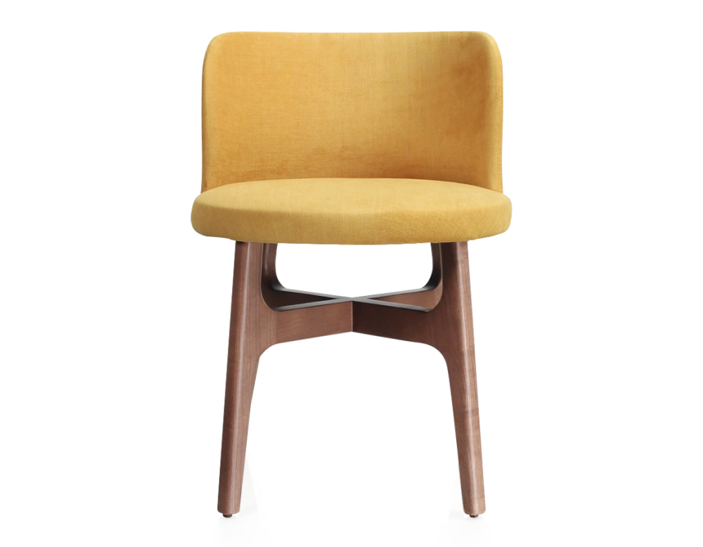 Designer chair walnut-stained wood, yellow fabric seat Designer chair walnut-stained wood, yellow fabric seat