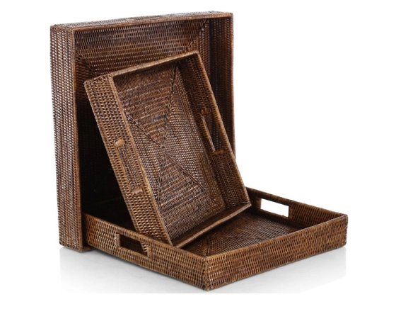 Small square brown rattan serving tray