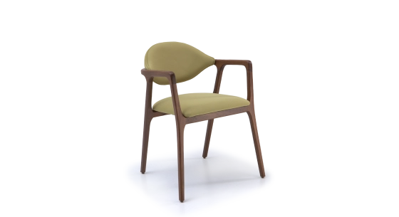 Walnut Designer armchair natural wood finish and green fabric