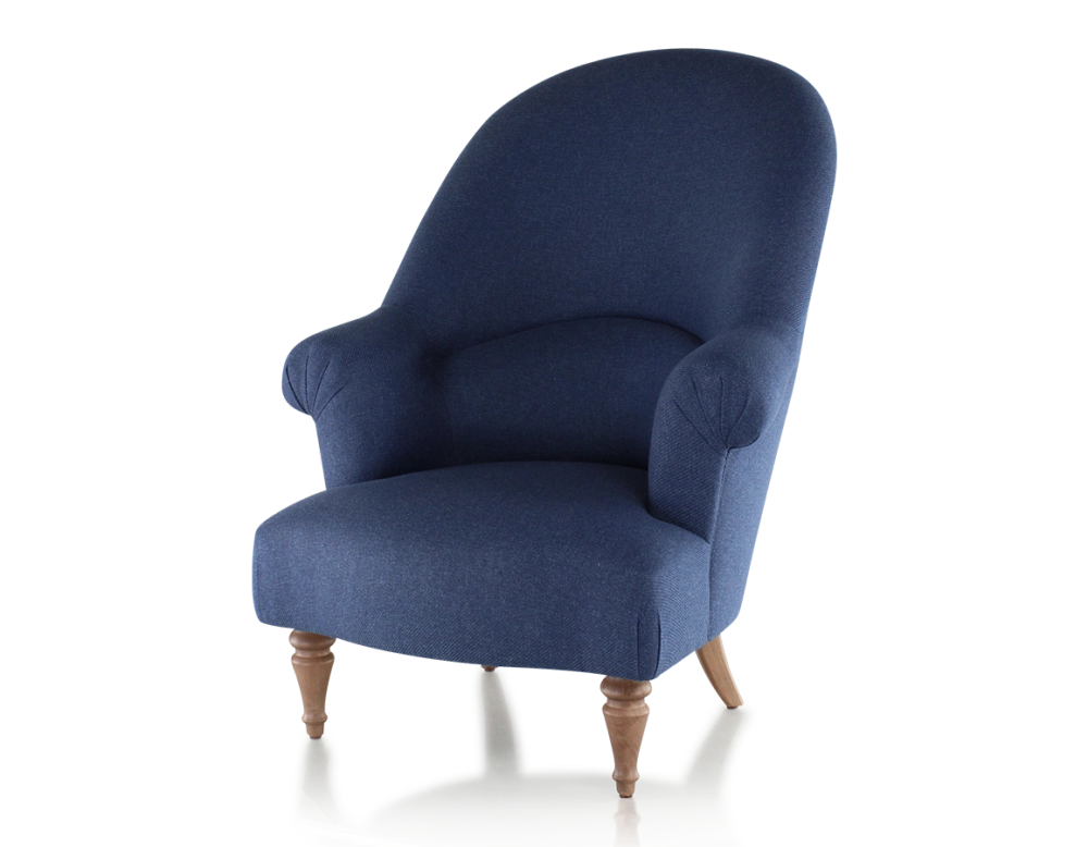 Fauteuil crapaud avec accoudoirs pieds bois teinte noyer et tissu bleu marine haut dossier Fauteuil crapaud avec accoudoirs pieds bois teinte noyer et tissu bleu marine haut dossier