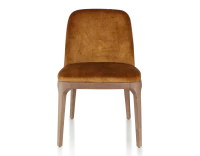 Chaise design bois teinte noyer et tissu velours bronze