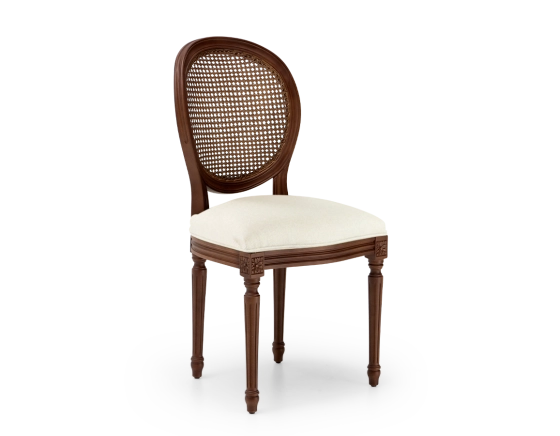 Chaise ancienne style Louis XVI bois teinte marron foncée dossier canné assise tissu chevron beige