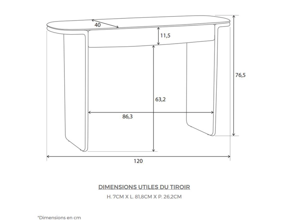 Bureau design en chêne teinte naturelle L120xP40 cm