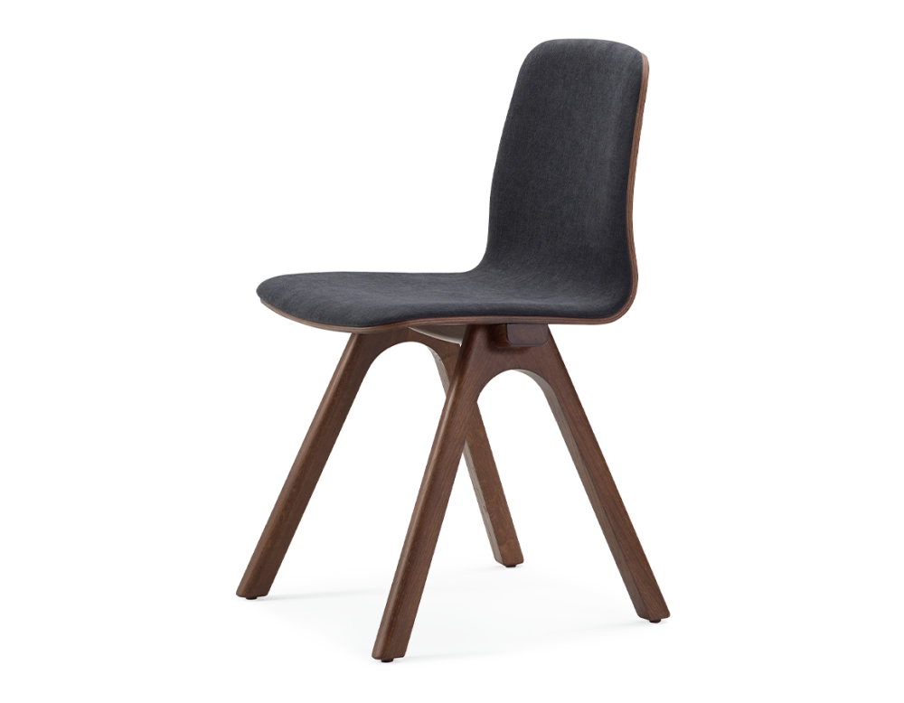 Chaise design en chêne tapissé bois teinte marron foncé assise tissu gris anthracite Chaise design en chêne tapissé bois teinte marron foncé assise tissu gris anthracite