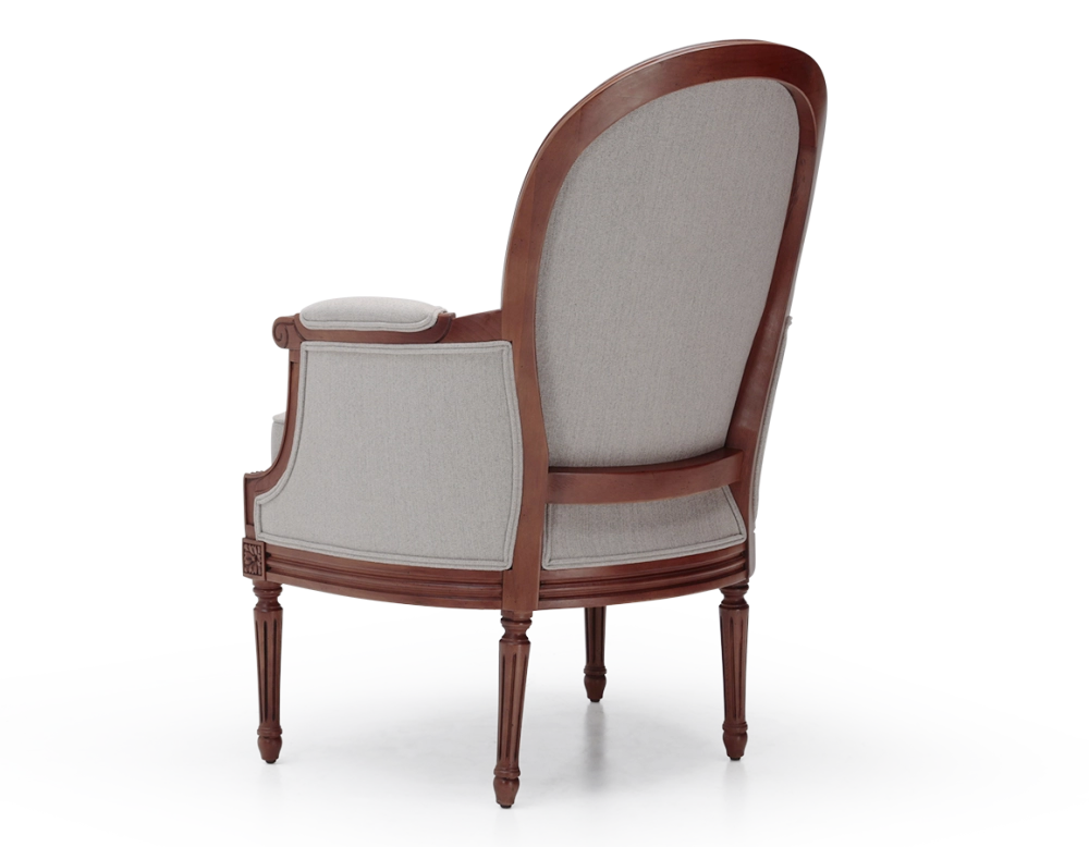 Louis XVI style moulded bergère armchair wood antique stain and natural beige fabric Louis XVI style moulded bergère armchair wood antique stain and natural beige fabric