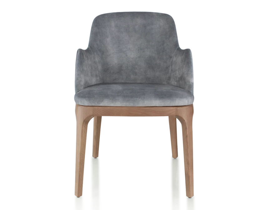 Chaise design avec accoudoirs bois teinte noyer et tissu velours gris